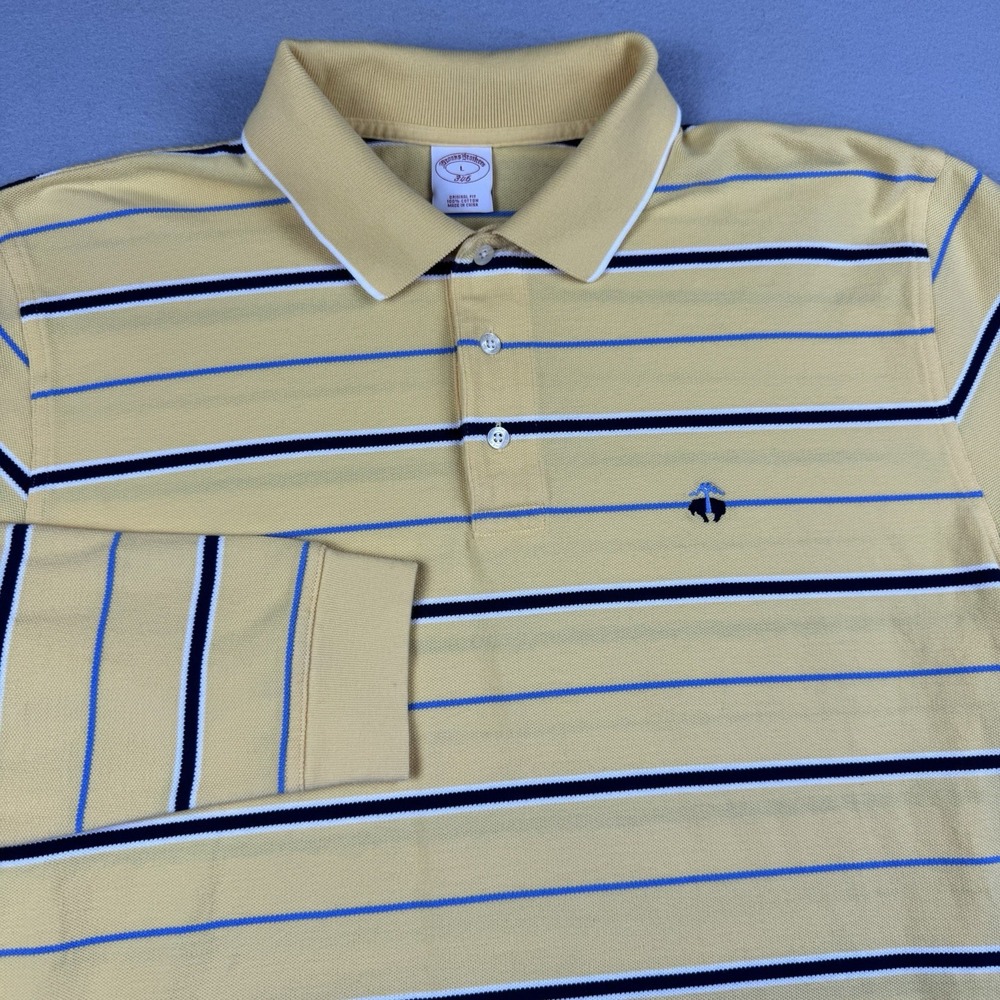 Brooks Brothers 346 Long Sleeve Polo Shirt Men L Yellow Stripe Logo Original Fit